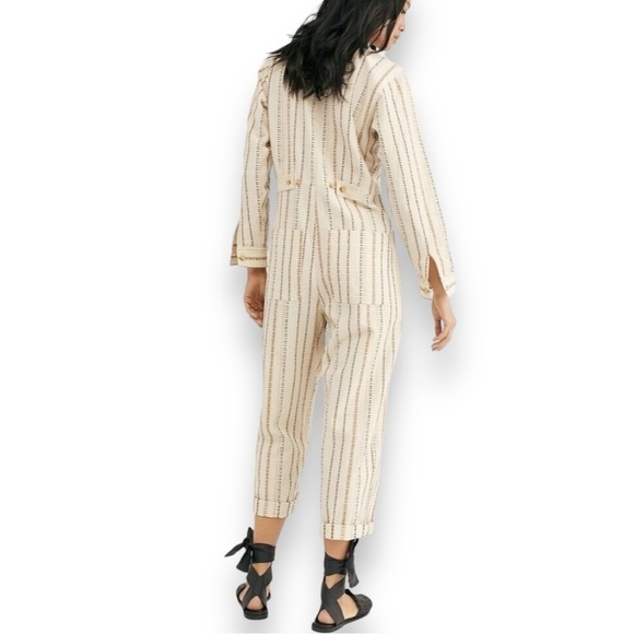 Free People Gia Jumpsuit in Neutral Ivory Tan  Stripe Long Sleeve Button Front - Picture 2 of 13